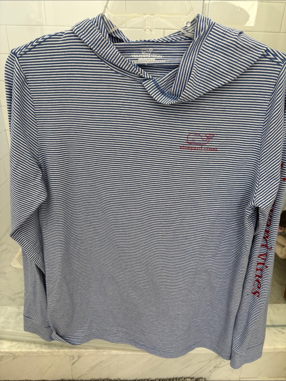 Vineyard Vines Blue & White Striped Hooded Top with Red Logo girls 16